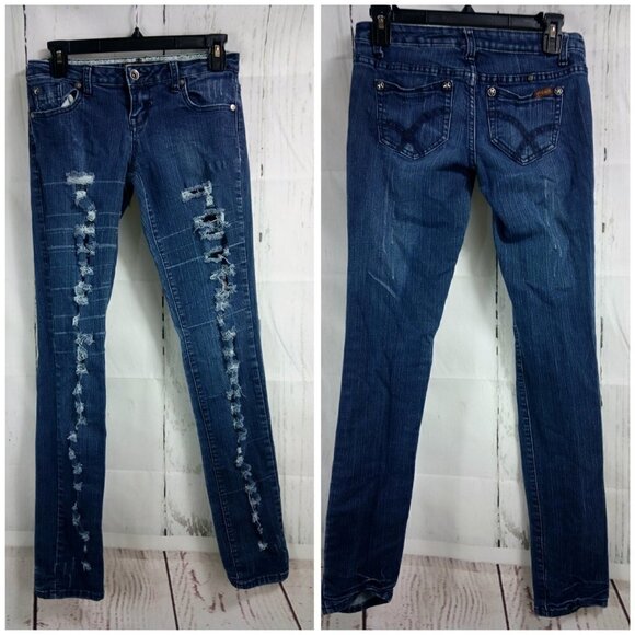Zana Di Distressed Destroyed Skinny Blue Jeans - Picture 4 of 8